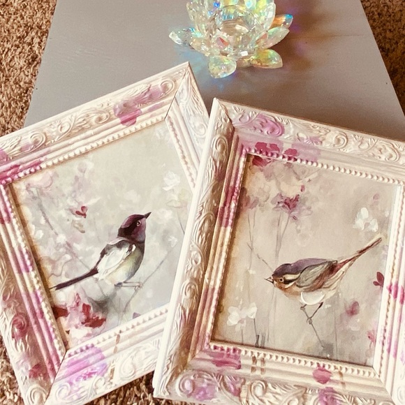 NWT Two 9x9” Colorful Framed Birds Wall Art Painting-Mauve Pinks & Bright White - Picture 2 of 16